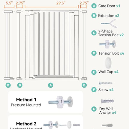 COMOMY 36" Extra Tall Baby Gate for Stairs Doorways, Fits Openings 29.5" to 43.3" Wide, Auto Close Sturdy Safety Dog Gate for House, Pressure Mounted Easy Walk Through Pet Gate with Door, White