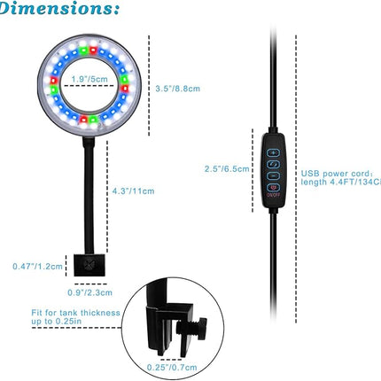 DOMICA Clip On Aquarium Light for 1 to 3 Gal Fish Tank (Dimmable White+Blue+Red LED) USB Moving Lamp for Open Terrarium (Adapter NOT Included)