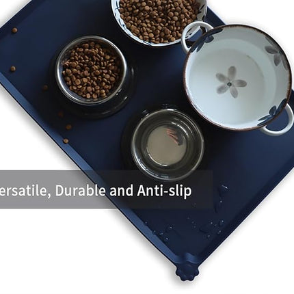 Hoki Found Large Waterproof Silicone Pet Food Mats Tray - Non Slip Pet Bowl Mats Placemat - Dog Pet Cat Feeding Mat - Dog Cat Food Mats -Pet Water Mats for Floors - French Navy