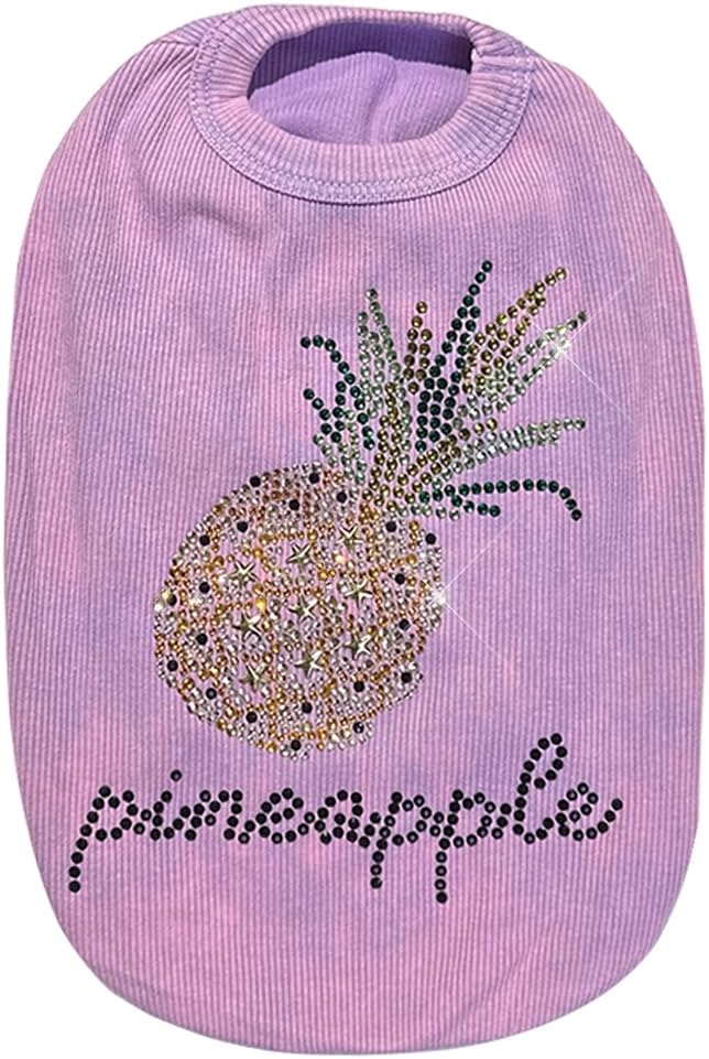 Washed Cotton Pet Vest with Rhinestone Fruit Designs, Soft & Stylish Small Dog Cat Vest for Spring Summer, Breathable & Shiny (Purple-Pineapple, X-Small)