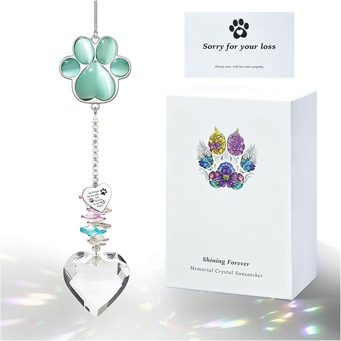 Pet Memorial Suncatcher - Loss of Dog Sympathy Gift, Pet Memorial Gifts for Dogs, Thoughtful Dogs and Cats Bereavement Remembrance Gifts, Gemstone Paw Crystal Suncatcher(Jade)