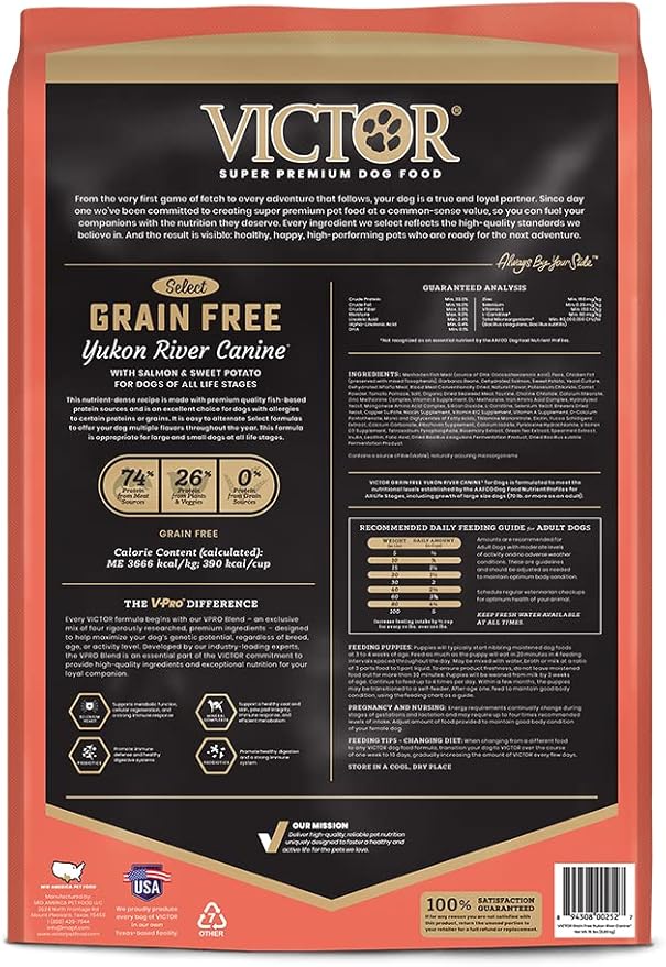 VICTOR Super Premium Dog Food – Grain Free Yukon River Canine – Supports Immune & Digestive Health for Dogs of All Life Stages – High Protein Dry Dog Food for All Normally Active Dogs, 15 lb