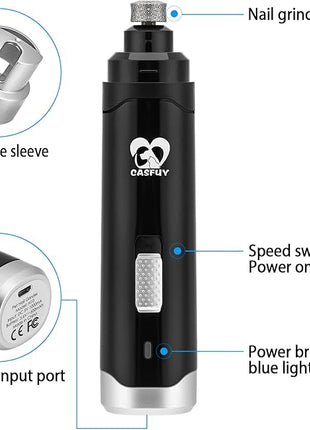Casfuy Dog Nail Grinder Upgraded - Professional 2-Speed Electric Rechargeable Pet Nail Trimmer Painless Paws Grooming & Smoothing for Small Medium Large Dogs & Cats (Black)
