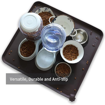 Hoki Found XX-Large Silicone Pet Food Mats - Non Slip Cat Dog Bowl Mats - Waterproof Dog Cat Food Tray - Dark Oak