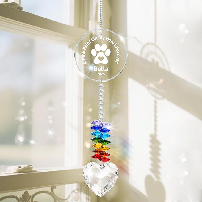 Personalized Pet Memorial Suncatcher - Dog Memorial Gifts for Loss of Dog,Pet Loss Sympathy Gift,Custom Crystal Cats Dogs Remembrance Bereavement Gift (Pet Memorial(Rounded))