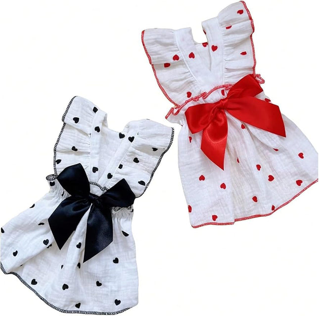 QWINEE 2 Pieces Cute Heart Pattern Dog Dress Ruffle Trim Princess Dress Cat Vest Dress Lace Trim Summer Dress Pet Clothes for Small Medium Cats Dogs Kitten Puppy Red and Black X-Large