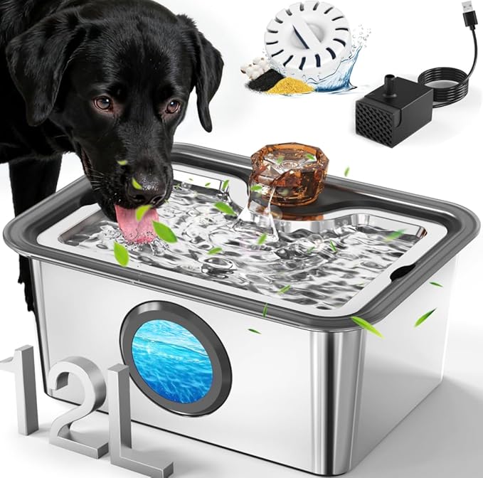 12L/3gal Stainless Steel Large Dog Water Fountain for Large Dog, Electric Pet Water Dispenser with Water Level Window&LED, Cat and Dog Fountain Water Bowl for Multi-Pet Home,Super Quiet