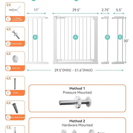 COMOMY 30" Tall Baby Gate for Stairs Doorways, Fits Openings 29.5" to 51.6" Wide, Auto Close Extra Wide Dog Gate for House, Pressure Mounted Easy Walk Through Pet Gate with Door, White