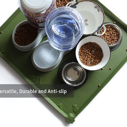 Hoki Found XX-Large Silicone Pet Feeding Mats - Non Slip Cat Dog Bowl Mats - Waterproof for Carpet - Dark Olive