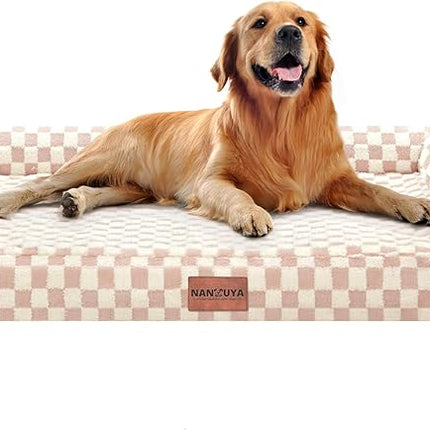 Large Dog Bed Orthopedic Washable: Beds Bolster XL Bed Big XLarge Dogs Egg Crate Foam Couch Sofa Waterproof with Removable Cover - Pink Grid