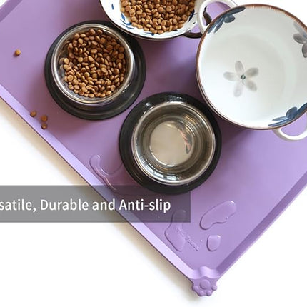 Hoki Found Large High-Sided Silicone Pet Food Tray - Non-Slip Bowls Placemat - Dog and Cat Feeding Mat - Waterproof - Amethyst