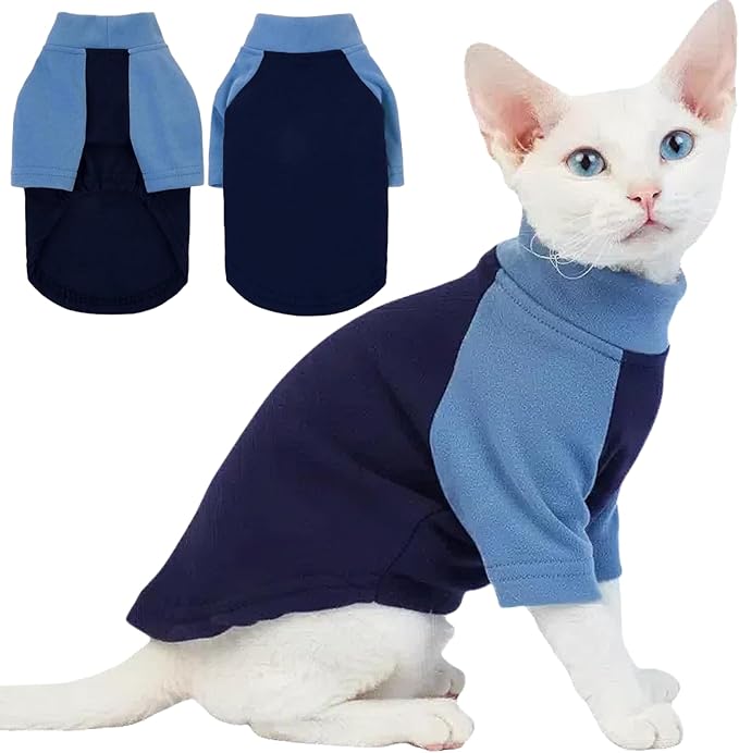 T'CHAQUE Cat Pajamas - Soft Cat Clothes& Shirts & Pajamas with Sleeves, Stretchy Sweater, Pullover Kitten Clothes, Blue, Small