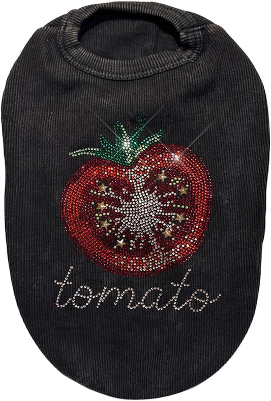 Washed Cotton Pet Vest with Rhinestone Fruit Designs, Soft & Stylish Small Dog Cat Vest for Spring Summer, Breathable & Shiny (Black-Tomato, Medium)