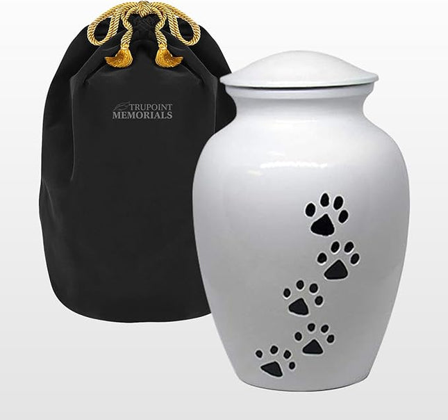 Trupoint Memorials Large Pet Urn for Dogs and Cats Ashes, Paws Print White Cremation Urns for Pets up to 122 lbs