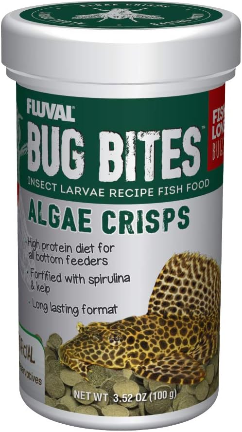 Fluval Bug Bites Algae Crisps for Bottom Feeders, Fish Food for Small to Medium Sized Fish, 3.53 oz., A7361, Brown
