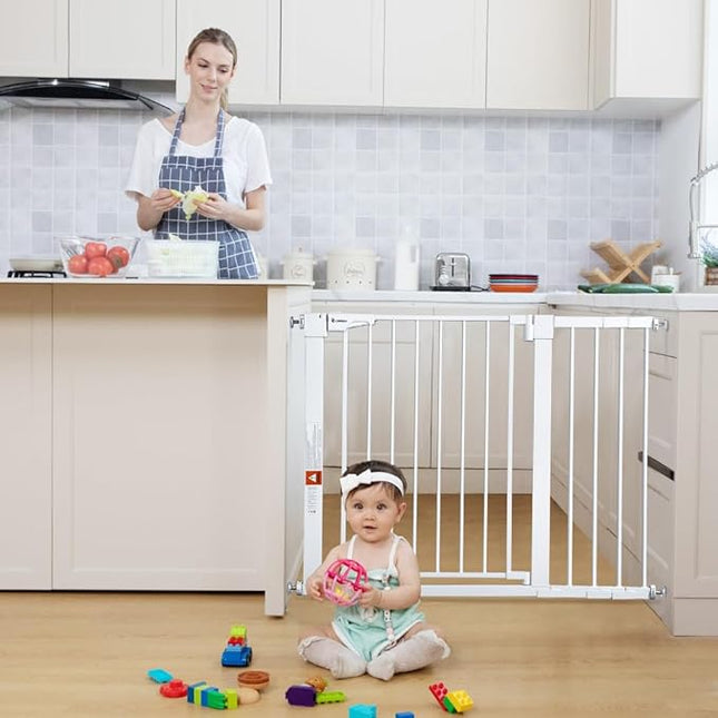 COMOMY 30" Tall Baby Gate for Stairs Doorways, Fits Openings 29.5" to 43.3" Wide, Auto Close Extra Wide Dog Gate for House, Pressure Mounted Easy Walk Through Pet Gate with Door, White