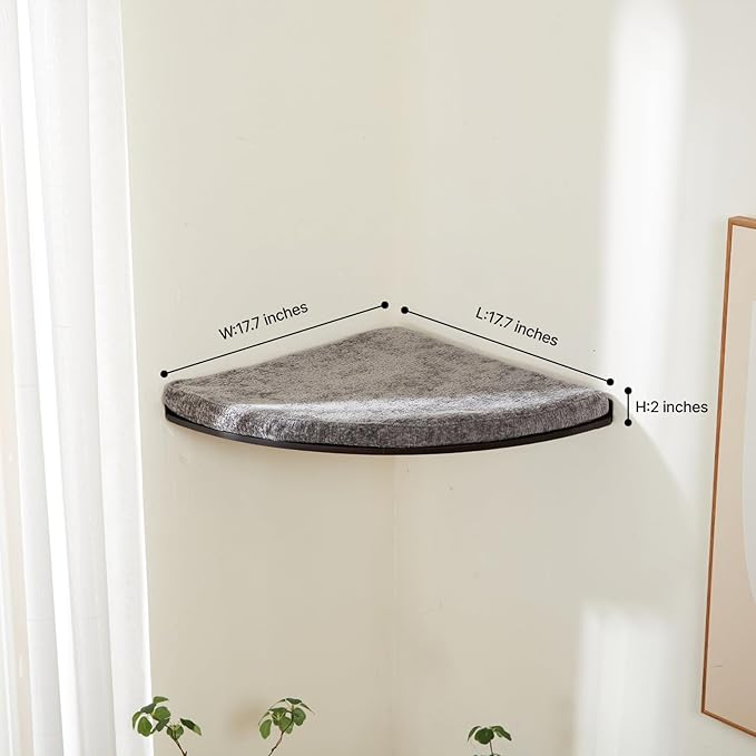 Wall Mounted Corner Cat Bed - Cat Shelf with Comfortable Cushion - Minimalistic Cats Furniture for Indoor Cats - Climbing Perch for Wall, Walnut