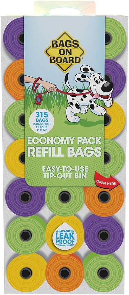 Bags On Board Dog Poop Bags - Strong, Leak Proof Dog Waste Bags - 9 x14 Inches, 315 Multi-Colored Bags