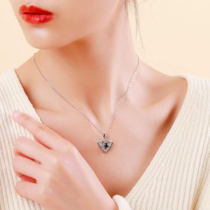 AILIN Custom I Love You Necklace 100 Languages 925 Sterling Silver Angel Wings Personalized Photo Projection Necklaces Heart Pendant Gifts For Women Her Girlfriends