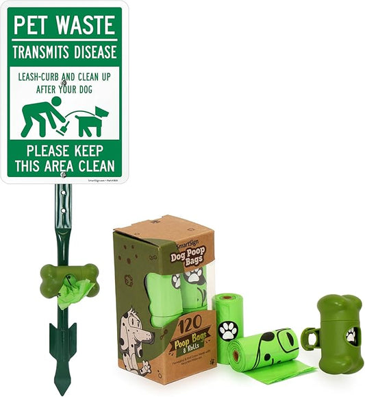 SmartSign Pet Waste Transmits Disease Leash/Curb/Clean Up Yard Sign & Clip-On Preloaded Dispenser Combo/Kit with 135 Dog Poop Waste Bags, 7"x10" Rust-proof Aluminum Sign with 18-inch Steel Stake