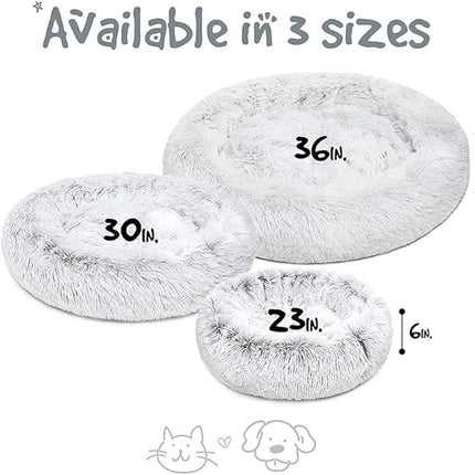 Friends Forever Donut Dog Bed Faux Fur Fluffy Calming Sofa For Large Dogs, Soft & Plush Anti Anxiety Pet Couch For Dogs, Machine Washable Coco Pet Bed with Non-Slip Bottom, 36"x36"x8" Ivory