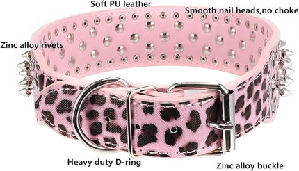 Hoot PU Leather Adjustable Spiked Studded Dog Collar 2" Wide 37 Spikes (M(Neck 19"-22"), Pink Leopard)