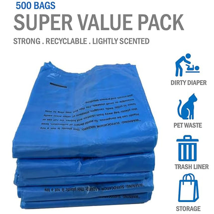 Baby Diaper Bag Disposable (500 Count, Blue) Fresh Baby Powder Scented Easy Tie Handles Bulk Diaper Sacks Disposable Dog Poop Bags Cat Litter Clump & Poop Bags Sanitary Pads Disposal Bags (500 Bags)