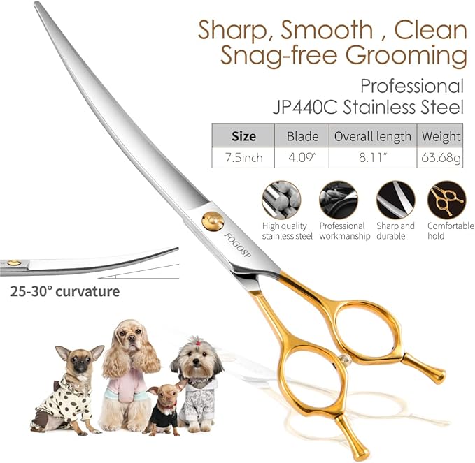 Curved Dog Grooming Scissors Professional 7.5" Grooming Shears for Dogs Pet Right Handed Groomer Japan 440C Stainless Steel (7.5 in Curved, Gold)