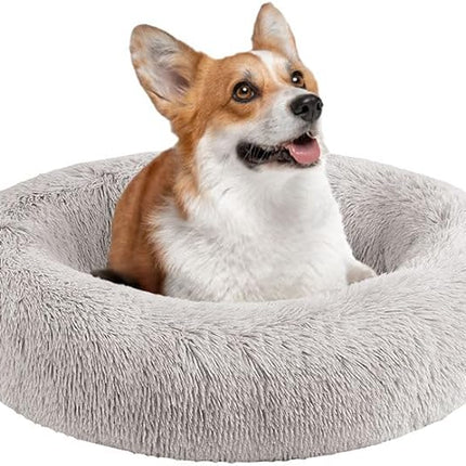 Friends Forever Serena Donut Memory Foam Orthopedic Dog Bed, Soft Faux Fur Oval Cat Couch For Indoor Pet, Fluffy Calming Plush Shag, Round Raised Bolster Cushion, Machine Washable Cuddler, Grey
