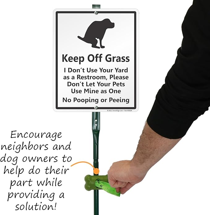 SmartSign Keep Off Grass - No Dog Pooping Or Peeing Yard Sign & Clip-On Plastic Dispenser Combo/Kit, 10"x12" Aluminum Sign with 3ft Stake, Compact Dispenser Preloaded with a 15 Dog Poop Bags Roll