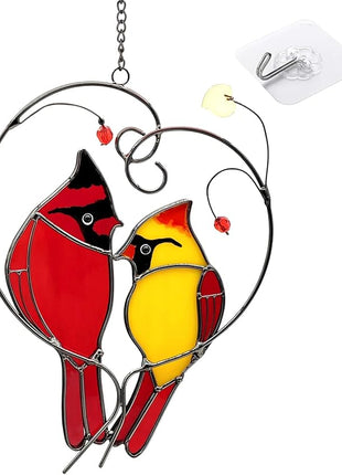 Cardinal Suncatchers Stained Glass for Windows Hangings,Male & Female Cardinal Stained Glass Sun Catchers, Red Love Birds Home Ornament,Gifts for Women