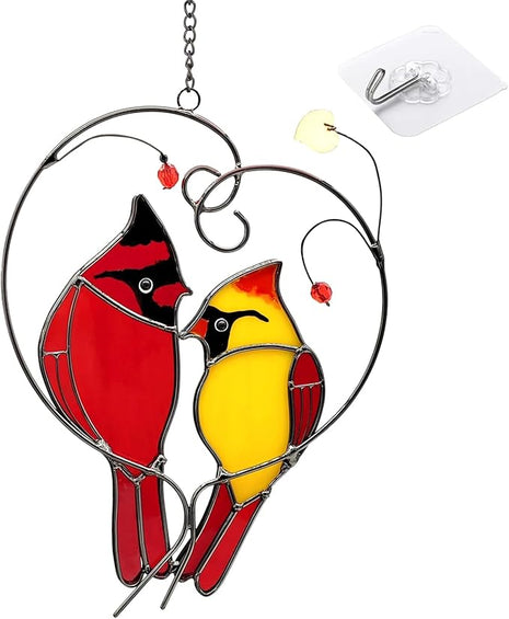 Cardinal Suncatchers Stained Glass for Windows Hangings,Male & Female Cardinal Stained Glass Sun Catchers, Red Love Birds Home Ornament,Gifts for Women