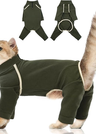 Cat Onesie - Army Green, Soft & Breathable Cat Pajamas for Sizing S. Surgery Suit & Hair Spreading Prevention
