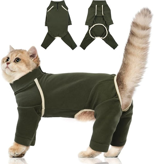 Hairless Cat Clothes - Army Green, M - Sticky Hair Onesie, Prevents Lost Hair, Soft Pajamas for Sphynx Cats, Shirt With Four Legs, Recovery Long Sleeve