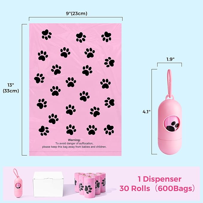 Dyforce Scented Dog Poop Bags,Leak Proof Pet Waste Bags for Dog Walking,Extra Thick and Large Cat Litter Bags for Poop,30 Refill Rolls,600 Bags,9x13",Pink