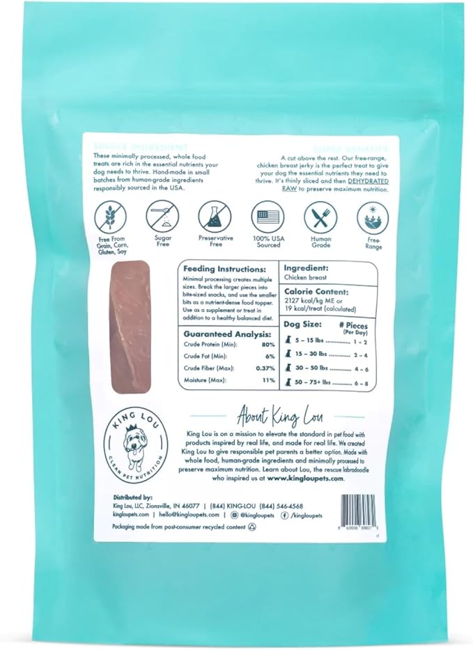 King Lou Pets - Chicken Breast Jerky for Dogs - USA-Made Dehydrated Chicken Dog Treats - 1 lb Fresh Breast Prior to Dehydration