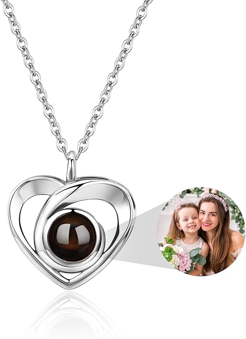 Easycosy Personalized Picture Necklace Projection Necklace with Photo Inside - Custom Photo Heart Pendant Necklace - Photo Gifts Valentines Birthday Love Memorial Gifts for Girlfriend Wife Women