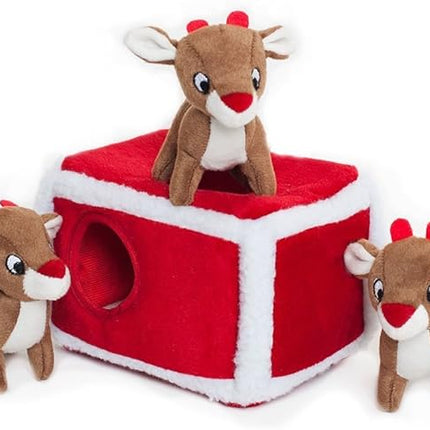 ZippyPaws Holiday Burrow- Interactive Dog & Puppy Toy for Boredom, Stimulating Pet Product to Keep them Busy, Hide & Seek Plush Dog Puzzle, Enrichment Squeaky Toy for Small & Medium Dogs- Reindeer Pen