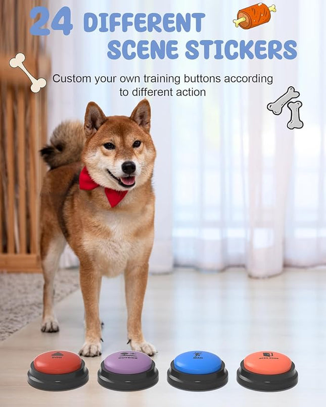Dog Buttons for Communication, 8 Dog Talking Button Set, 30s Recordable Voice Pet Buzzer Training Buttons, Speaking Button for Dogs with Anti-Slip Dog Buttons Talk Mat and 24 Scene Stickers