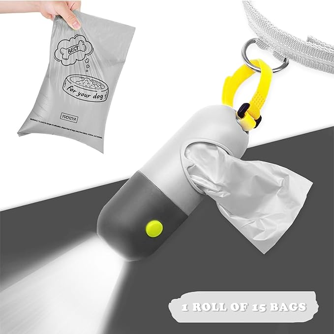 Dog Poop Bags Holder with LED Flashlight|Pet Waste Bags Dispenser for Leash|Doggie Potty Bags Container with Leak-proof Pet Trash Bags and Accessories (Light Gray, 2 Holder 30 Bags)