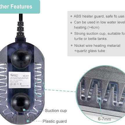 hygger 50W Mini Submersible Digital Display Aquarium Heater for Small Fish Tank, Compact and Fast Heating Thermostat, with External Controller and Built-in Thermometer, for Betta, Turtle