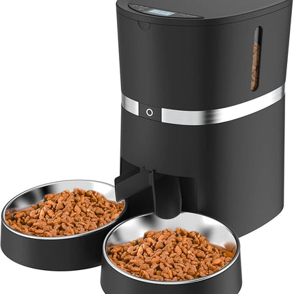 Automatic Cat Feeder, WellToBe Pet Feeder Food Dispenser for Cat & Small Dog with Two-Way Splitter and Double Bowls, up to 6 Meals with Portion Control, Voice Recorder - Battery and Plug-in Power