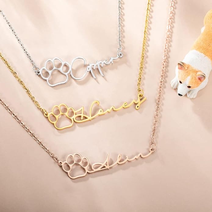 AILIN Custom Dainty Name Necklace Stainess Steel Memorial Pet Necklace For Women Personalized Dog Paw Print Pendant Necklace Anniversary Birthday Gift for Pet Loss Lovers