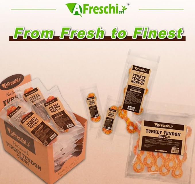 AFreschi Turkey Tendons for Dogs, USA-Sourced, Healthy Dog Treats, Rawhide-Free Puppy Chews, Long Lasting, All Natural, Hypoallergenic Dog Treats for Medium Breeds, 10 oz Pack Rope (M)