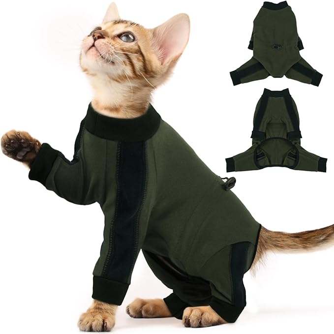 Cat Pajamas for Cats Only, Sticky Hair Cat Clothes, Long Sleeve Sphynx Clothes, Anti-Licking or Skin Disease Recovery Suit for Female Cats, Kitten Onesie Pajamas, ArmyGreen, XS