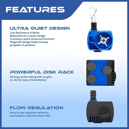 66 GPH Submersible Water Pump - Adjustable Quite Aquariums, Fountains, Hydroponics, and Pond Pump, 1.9 ft Lift, 2.5W