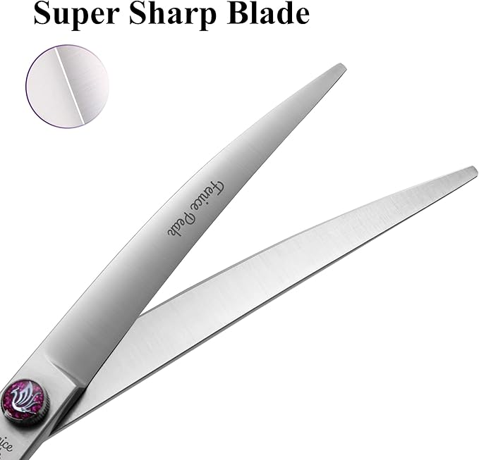 Fenice Peak 7'' Curved Dog Grooming Scissors with decorative screw Professional 440C Stainless Steel Metallic Pet Trimming Shears with Offset Handle Durable and Sharp