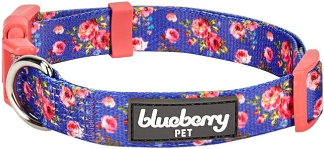 Blueberry Pet Adjustable Dog Collar for Large Dogs, Spring Scent Rose Print, Pink Puppy Collar, Girl Dog Collars, High-Density Polyester, Eco-Friendly Buckle, Neck 18-26 Inches