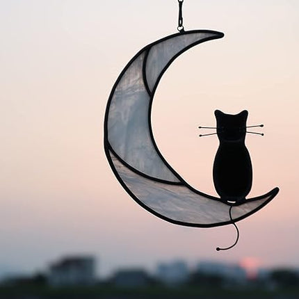 Black Cat On White Moon Stained Glass Window Hangings Ornament,Cat Memorial Gifts, Themed Gifts for Cats Lovers