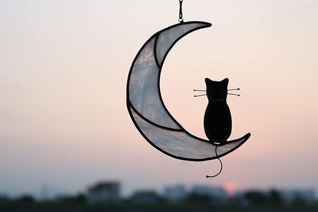 Black Cat On White Moon Stained Glass Window Hangings Ornament,Cat Memorial Gifts, Themed Gifts for Cats Lovers